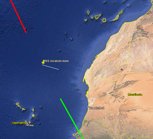 Screenshot of the ISS in Google Earth over the Atlantic off the coast of Africa